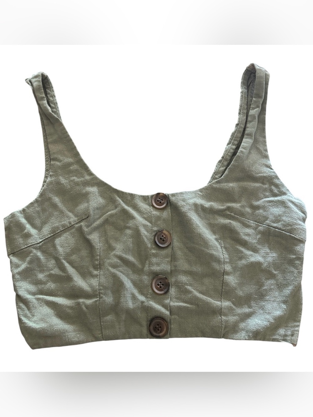 POLLY | Green Eco Friendly Hippie Crop Top | Brown Button Cinched Back Size 6